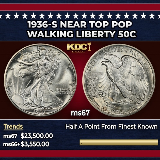 1936-s Walking Liberty Half Dollar Near Top Pop 50c ms67 SEGS