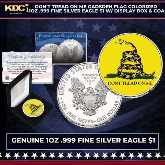 Don't Tread On Me Gadsden Flag Colorized 1oz .999 Fine Silver Eagle $1 w/ Display Box & COA Other To