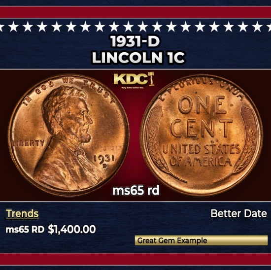 1931-d Lincoln Cent 1c ms65 rd SEGS