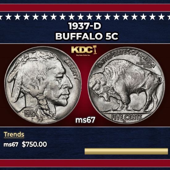1937-d Buffalo Nickel 5c ms67 SEGS