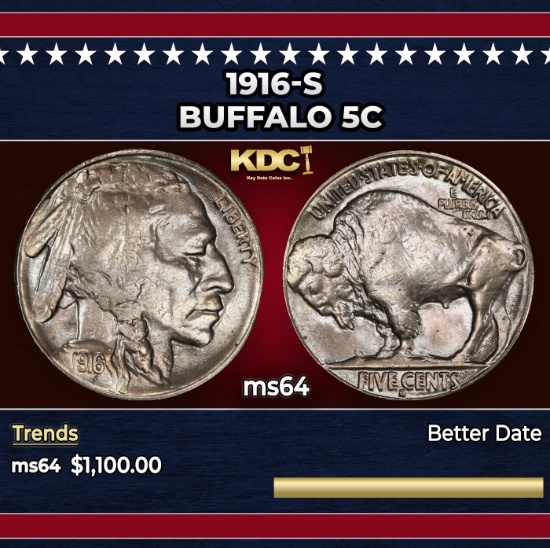 1916-s Buffalo Nickel 5c ms64 SEGS