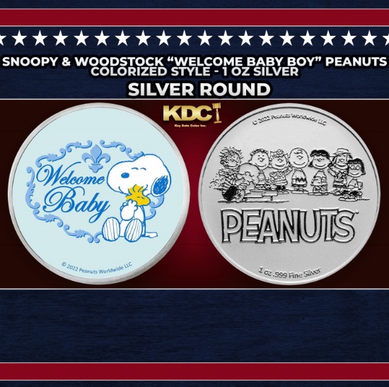Snoopy & Woodstock "Welcome Baby Boy" Peanuts Colorized Style - 1 oz Silver Round Round