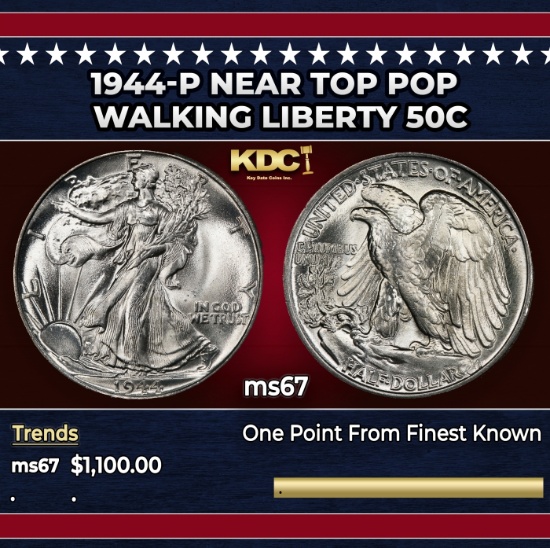 1944-p Walking Liberty Half Dollar Near Top Pop 50c ms67 SEGS