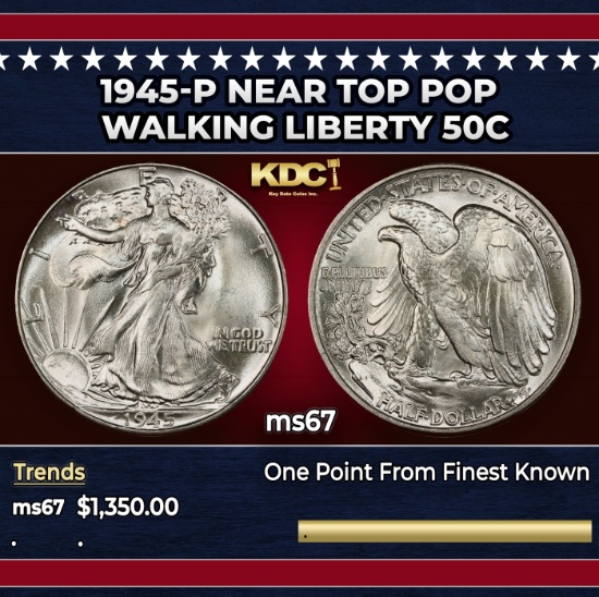 1945-p Walking Liberty Half Dollar Near Top Pop 50c ms67 SEGS