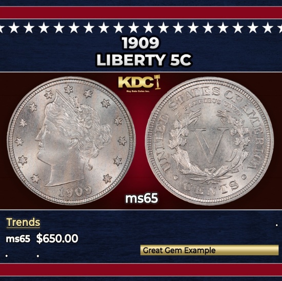 1909 Liberty Nickel 5c Grades ms65