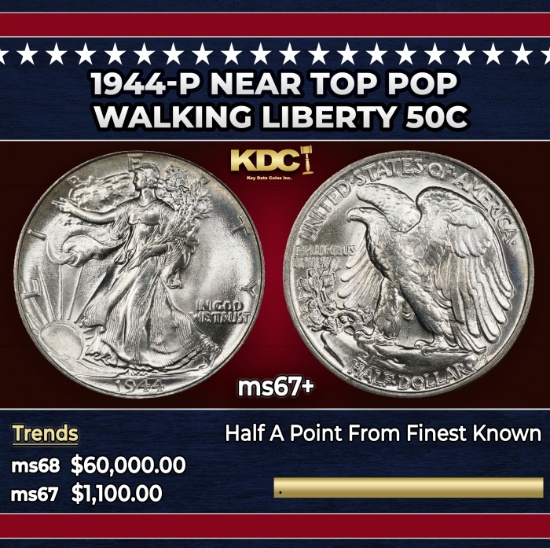 1944-p Walking Liberty Half Dollar Near Top Pop 50c ms67+ SEGS