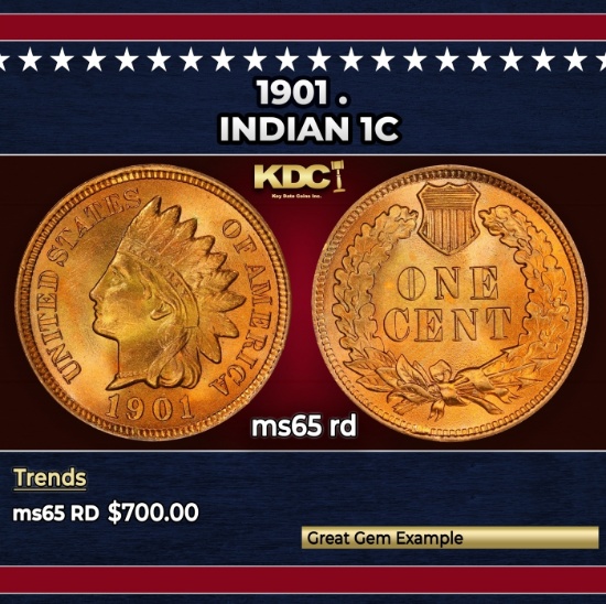 1901 Indian Cent . 1c Grades ms65 rd