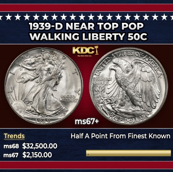 1939-d Walking Liberty Half Dollar Near Top Pop 50c ms67+ SEGS