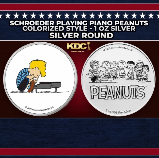 Schroeder Playing Piano Peanuts Colorized Style - 1 oz Silver Round Round