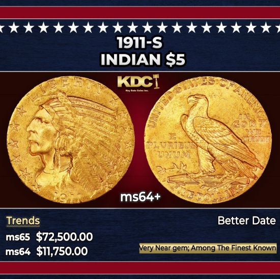 1911-s Gold Indian Half Eagle $5 ms64+ USCG