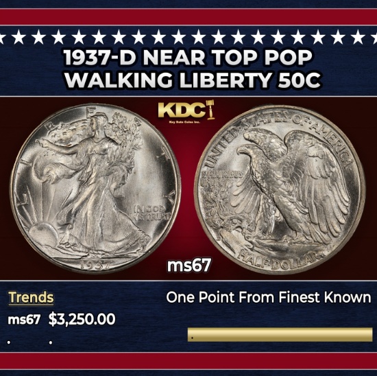 1937-d Walking Liberty Half Dollar Near Top Pop 50c ms67 SEGS