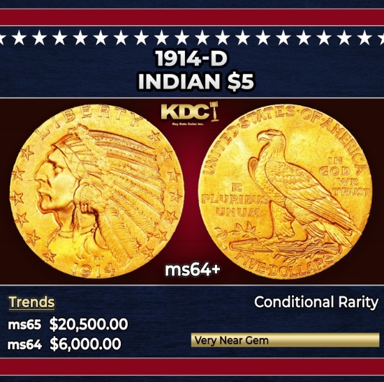 1914-d Gold Indian Half Eagle $5 ms64+ USCG