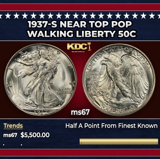 1937-s Walking Liberty Half Dollar Near Top Pop 50c ms67 SEGS