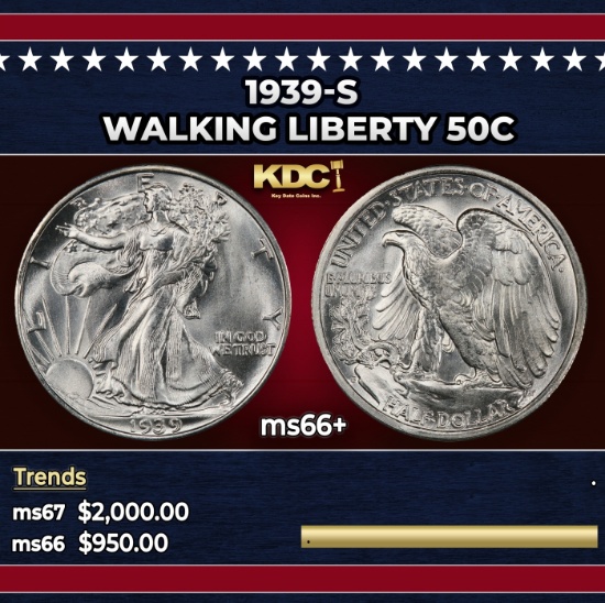 1939-s Walking Liberty Half Dollar 50c ms66+ SEGS