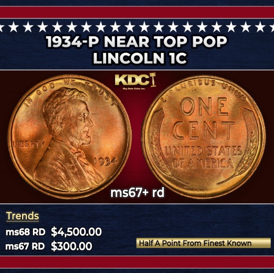 1934-p Lincoln Cent Near Top Pop 1c ms67+ rd SEGS