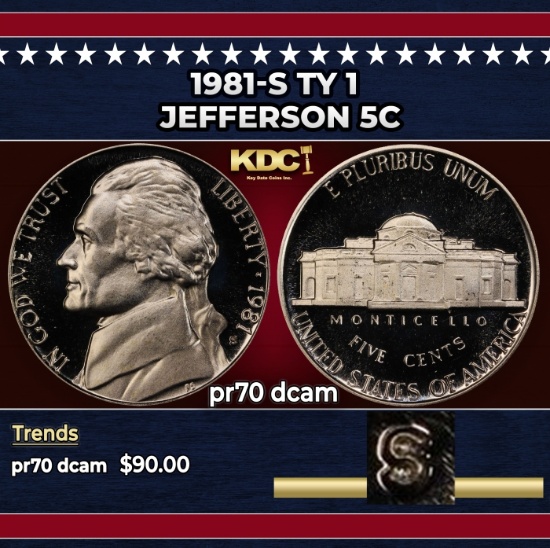 1981-s Ty 1 Proof Jefferson Nickel 5c pr70 dcam SEGS