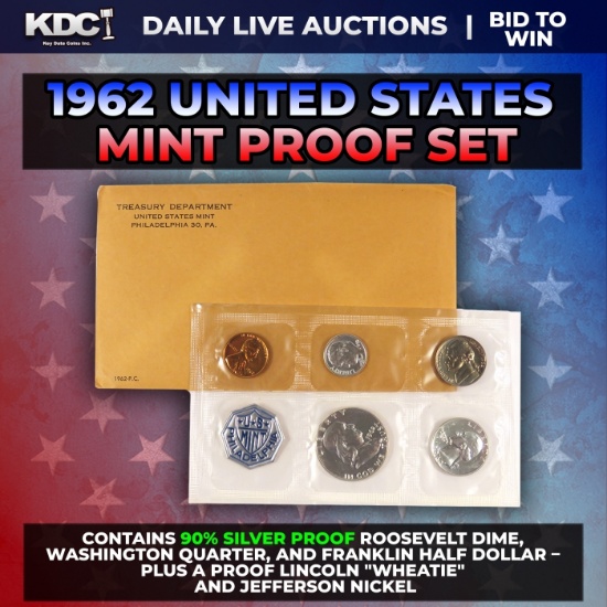 1962 United States Mint Silver Proof Set In Original Goventment Packaging, 5 Coins - Manilla Envelop
