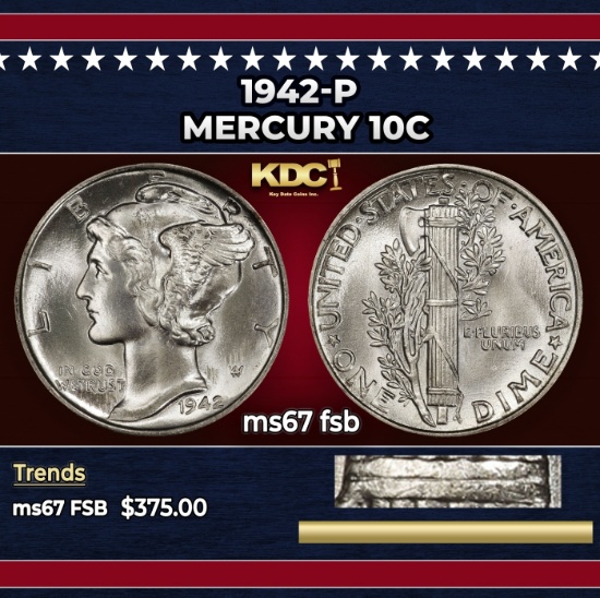 1942-p Mercury Dime 10c ms67 fsb SEGS