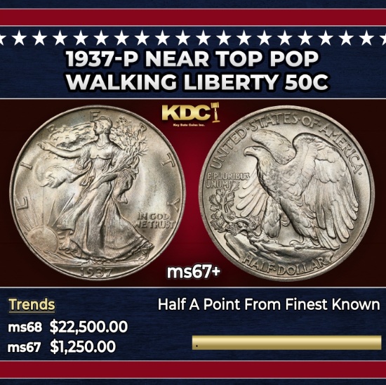 1937-p Walking Liberty Half Dollar Near Top Pop 50c ms67+ SEGS