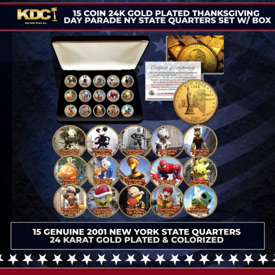 15 Coin 24K Gold Plated Thanksgiving Day Parade NY State Quarters Set w/ Box Other Toy