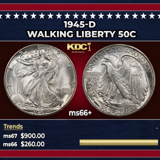 1945-d Walking Liberty Half Dollar 50c ms66+ SEGS