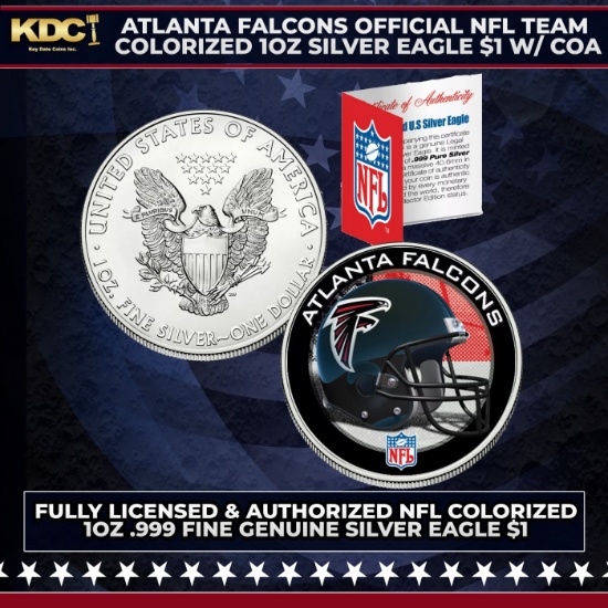 Atlanta Falcons Official NFL Team Colorized 1oz Silver Eagle $1 w/ COA Other Toy