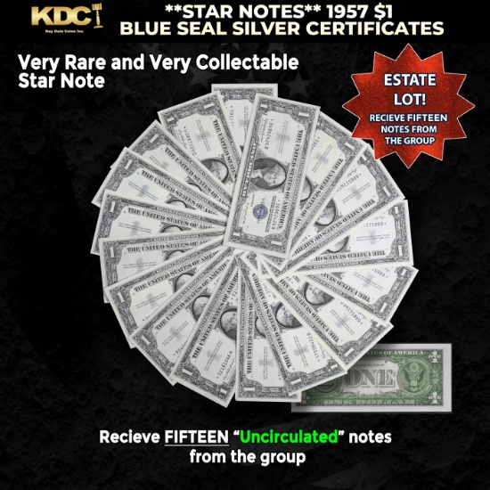 15x **STAR NOTES** 1957 $1 Blue Seal Silver Certificates Grades CU