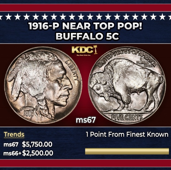 1916-p Buffalo Nickel Near Top Pop! 5c ms67 SEGS