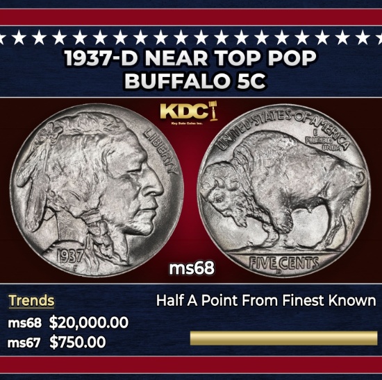 1937-d Buffalo Nickel Near Top Pop 5c ms68 SEGS