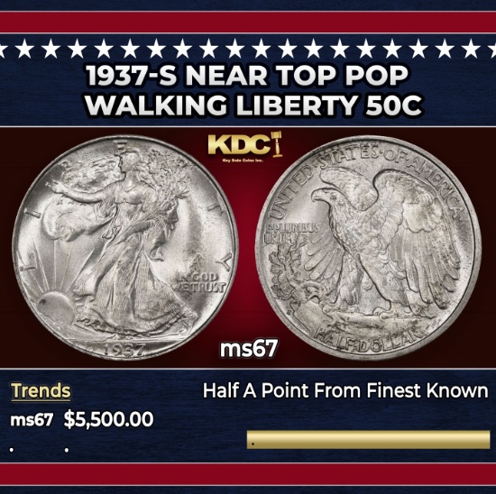 1937-s Walking Liberty Half Dollar Near Top Pop 50c ms67 SEGS