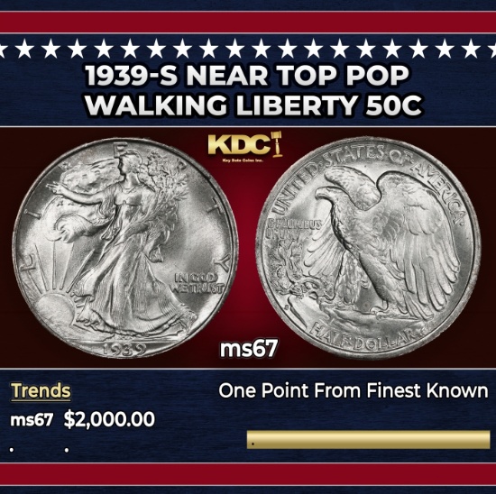 1939-s Walking Liberty Half Dollar Near Top Pop 50c ms67 SEGS