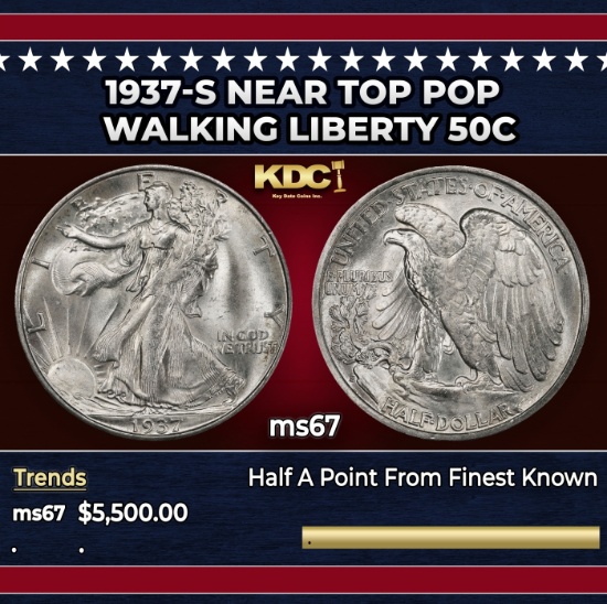 1937-s Walking Liberty Half Dollar Near Top Pop 50c ms67 SEGS