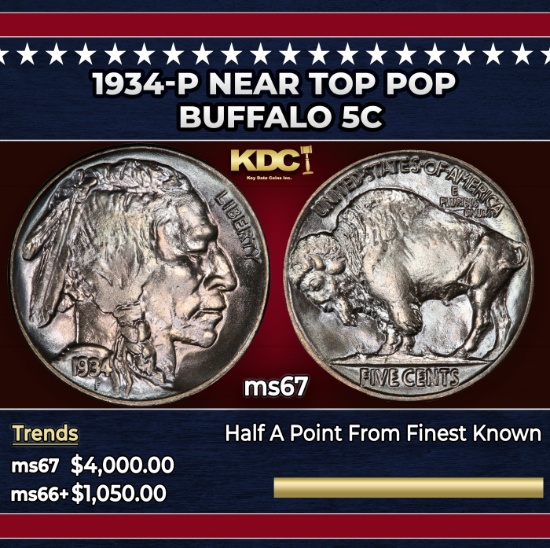 1934-p Buffalo Nickel Near Top Pop 5c ms67 SEGS