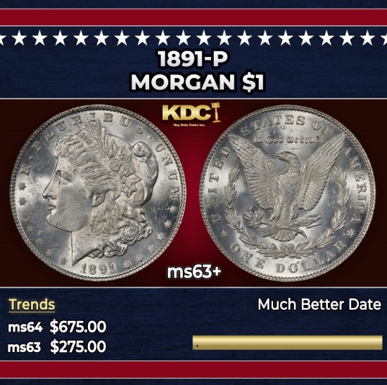 1891-p Morgan Dollar $1 Grades ms63+