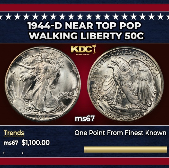 1944-d Walking Liberty Half Dollar Near Top Pop 50c ms67 SEGS