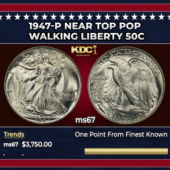 1947-p Walking Liberty Half Dollar Near Top Pop 50c ms67 SEGS