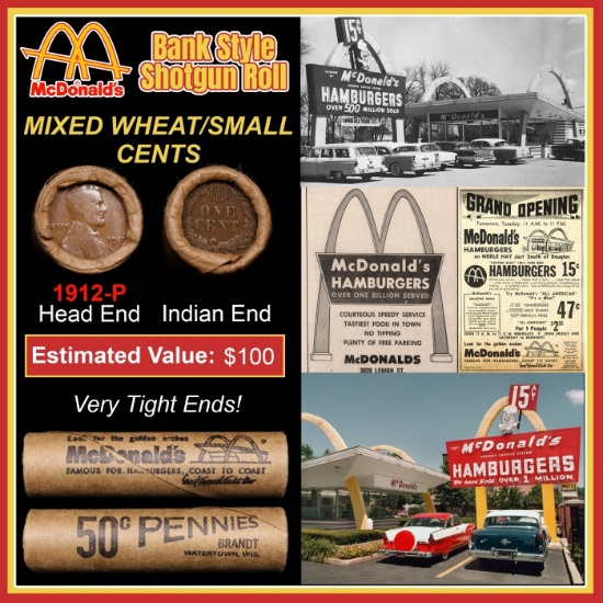 Lincoln Wheat Cent 1c Mixed Roll Orig Brandt McDonalds Wrapper, 1912-p end, Indian other end