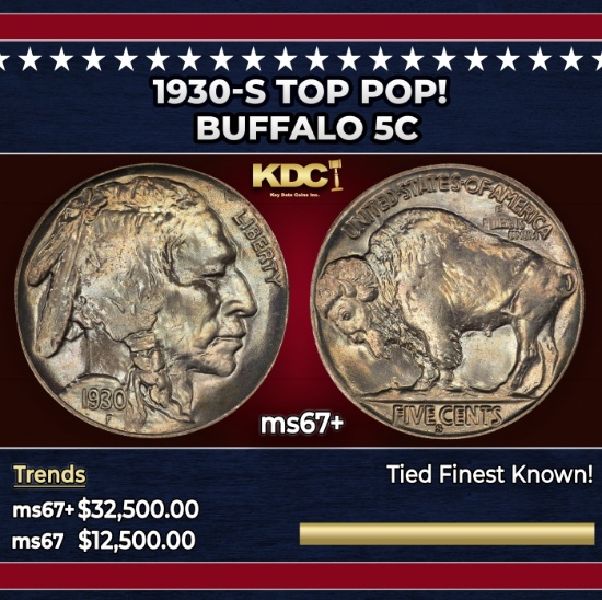 1930-s Buffalo Nickel TOP POP! 5c ms67+ SEGS