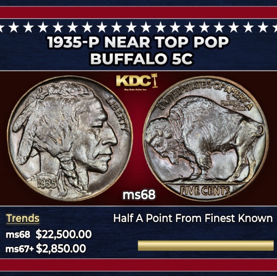 1935-p Buffalo Nickel Near Top Pop 5c ms68 SEGS