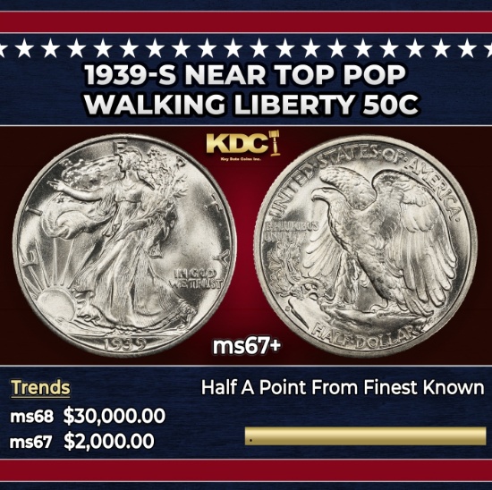 1939-s Walking Liberty Half Dollar Near Top Pop 50c ms67+ SEGS