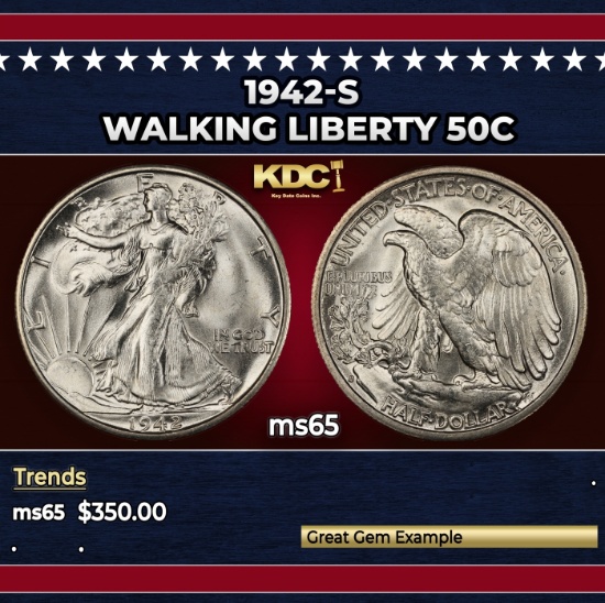 1942-s Walking Liberty Half Dollar 50c Grades ms65