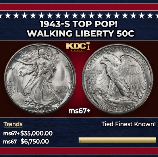 1943-s Walking Liberty Half Dollar TOP POP! 50c ms67+ SEGS