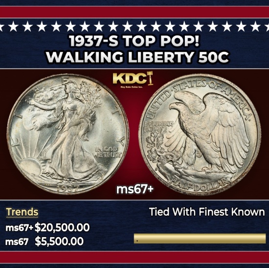 1937-s Walking Liberty Half Dollar TOP POP! 50c ms67+ SEGS