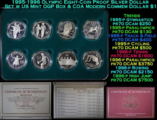 1995-1996 Olympic Eight-Coin Proof Silver Dollar Set w US Mint OGP Box & COA Modern Commem Dollar $1