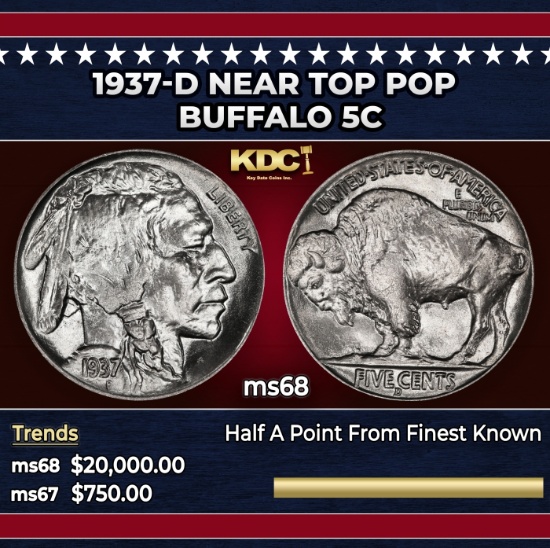 1937-d Buffalo Nickel Near Top Pop 5c ms68 SEGS