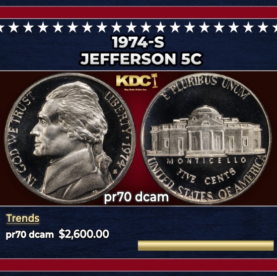 1974-s Proof Jefferson Nickel 5c pr70 dcam SEGS