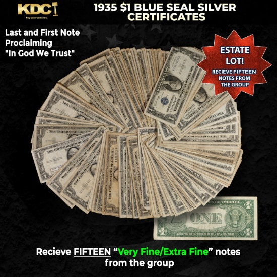 15x 1935 $1 Blue Seal Silver Certificates Grades VF/XF