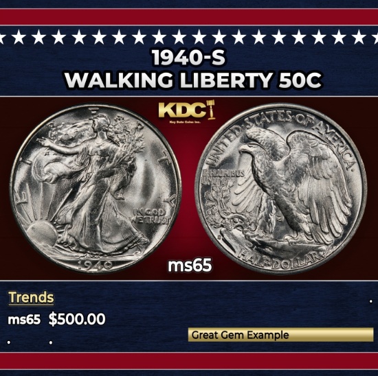 1940-s Walking Liberty Half Dollar 50c Grades ms65