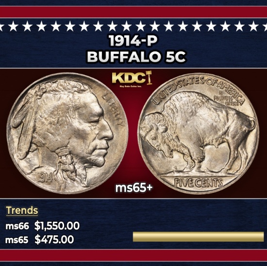 1914-p Buffalo Nickel 5c Grades ms65+