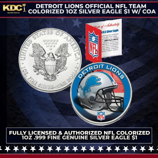 Detroit Lions Official NFL Team Colorized 1oz Silver Eagle $1 w/ COA Other Toy